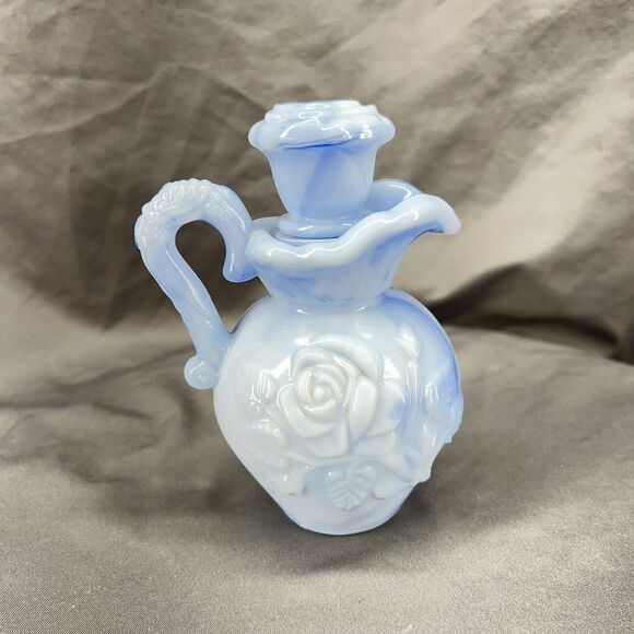 Vintage 1978 Avon Blue Milk Glass Victorian Style Pitcher Perfume Bottle w/Lid - Picture 4 of 8